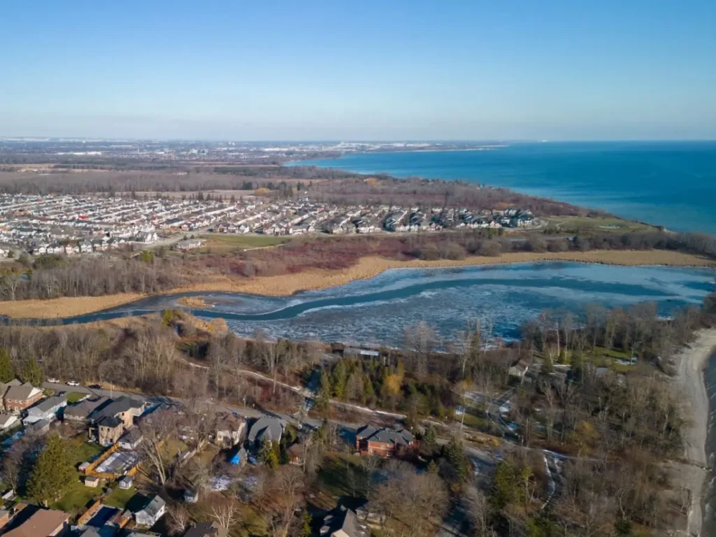 Aerial view of Ajax Ontario waterfront on the coast of Lake Ontario by Paradise Park